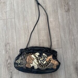 Vintage 80s Fifth Avenue Black Gold Leather Patchwork Crossbody‎ Purse